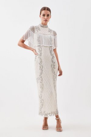 Платье миди Petite, украшенное жемчугом и кристаллами , белый Karen Millen