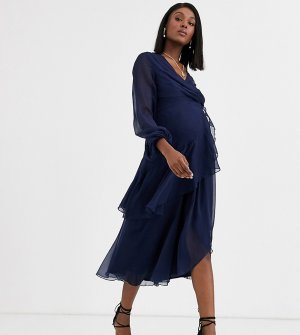 Платье миди с запахом, двухслойной юбкой и длинным рукавом -Многоцветный ASOS Maternity