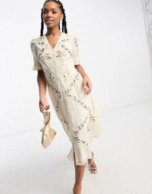Кремовое платье миди с вышивкой на пуговицах Hope & Ivy
