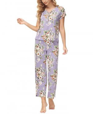 Женский пижамный комплект из двух предметов: топ на пуговицах с короткими рукавами и широкими брюками принтом , цвет Savannah Floral Echo