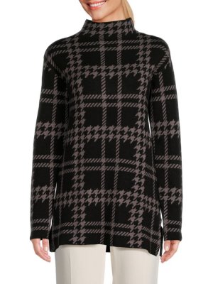 Жаккардовый свитер в клетку с воротником-стойкой , цвет Black Grey Ellen Tracy