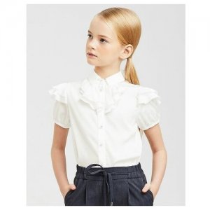 Блузка для девочки, с коротким рукавом, жабо и крылышками из сатина, , SSFSG-029-23107 (134 молочный) Silver Spoon. Цвет: белый