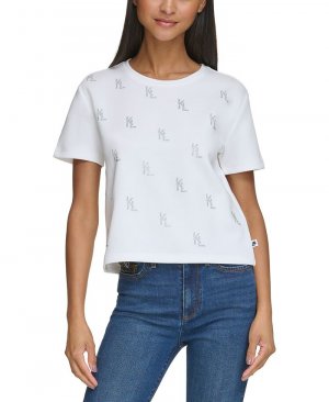 Женская футболка с монограммой и заклепками KARL LAGERFELD PARIS, белый Paris