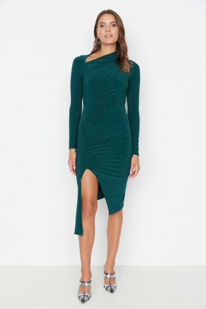 Изумрудно-зеленое вязаное вечернее платье с разрезом , зеленый Trendyol
