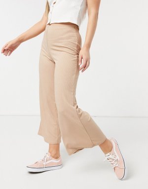 Бежевые широкие укороченные брюки в рубчик -Коричневый New Look