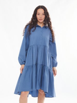 Ярусное платье-рубашка с длинным рукавом zolla. Цвет: голубой