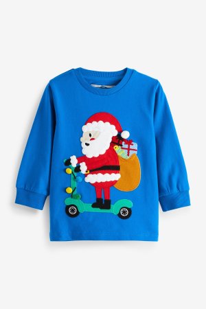 Рубашка с длинными рукавами и рождественским принтом Синий Дед Мороз на самокате , Next