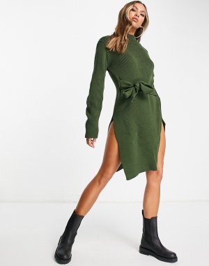 Платье-джемпер мини цвета хаки с высоким воротником Unique21-Зеленый цвет UNIQUE21
