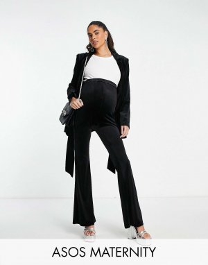Черные бархатные брюки-клеш для беременных ASOS. Цвет: черный