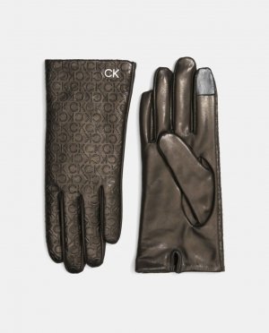 Черные кожаные перчатки с выгравированным логотипом. , черный Calvin Klein