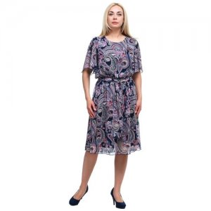Платье шифоновое легкое летнее приталенное с поясом принтом короткий рукав plus size (большие размеры) OL/1805031/4-66 OLS. Цвет: синий
