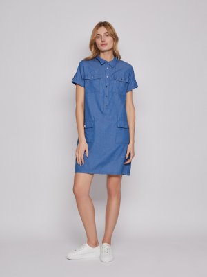 Платье-рубашка с коротким рукавом и карманами zolla. Цвет: голубой