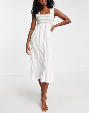 Кремовое пляжное платье миди с оборками на плечах и вышивкой -Белый Accessorize