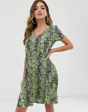 Платье с короткими рукавами и змеиным принтом -Зеленый NA-KD
