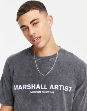 Oversized-футболка серого цвета с эффектом кислотной стирки и светоотражающим логотипом -Серый Marshall Artist