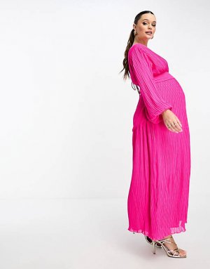 Ярко-розовое плиссированное платье миди с поясом DESIGN Maternity Asos