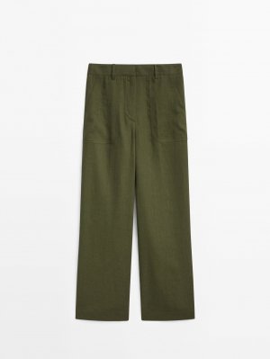 Укороченные брюки из 100% льна с карманами , темно-зеленый Massimo Dutti