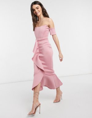 Пудровое платье миди с вырезом лодочкой, корсетом и юбкой годе Exclusive-Розовый цвет True Violet