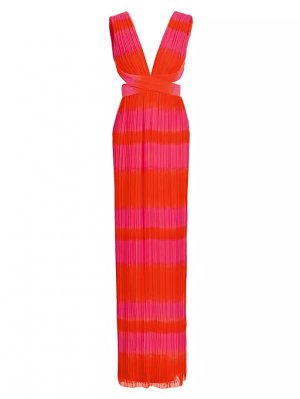 Плиссированное платье с юбкой-колонной X-образным вырезом спереди , цвет pink glo flame orange stripe Brandon Maxwell