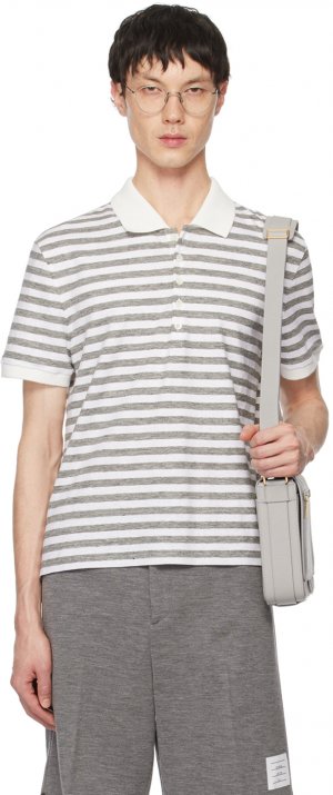 Бело-серая рубашка-поло с короткими рукавами в полоску Thom Browne