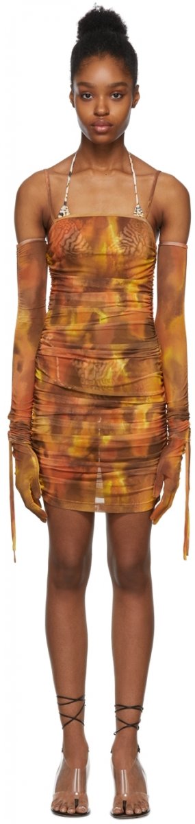 Эксклюзивное мини-платье SSENSE с оранжевыми перчатками и рюшами KIM SHUI