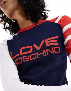 Темно-синий и красный джемпер с круглым вырезом логотипом Love Moschino. Цвет: красный