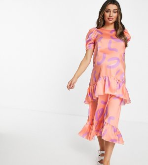 Коралловое свободное платье миди с короткими рукавами и звериным принтом Blume Studio Maternity-Оранжевый цвет Maternity