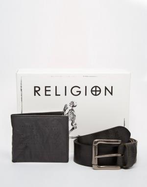 Подарочный набор с кошельком и ремнем Religion. Цвет: черный