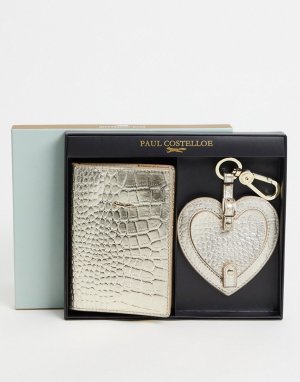 Подарочный набор с кожаной обложкой для паспорта и брелоком в форме сердца золотистого цвета крокодиловым узором -Золотистый Paul Costelloe