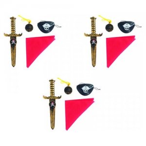 Набор пирата, 4 предмета: кинжал бронзовый, бандана, наглазник, медальон (3 набора в комплекте) Happy Pirate. Цвет: золотистый