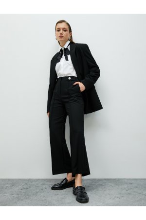 Укороченные тканевые брюки с широкими штанинами и карманами на пуговицах , черный Koton