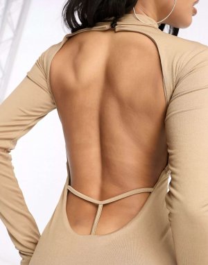 Каштановый двухслойное облегающее платье миди с открытой спиной и стрингами Public Desire