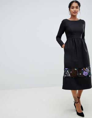 Платье миди с длинными рукавами и вышивкой -Мульти Closet London