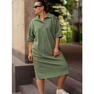 Платье-поло, хлопок, в спортивном стиле, прямой силуэт, миди, карманы, размер 50-52, зеленый Modress. Цвет: зеленый/оливковый