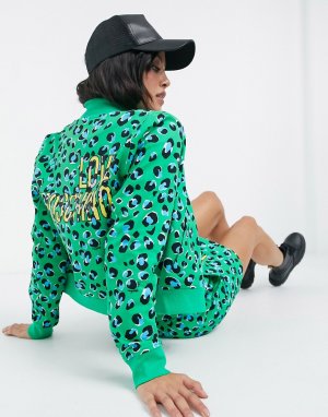 Яркая куртка-бомбер зеленого цвета с леопардовым принтом -Зеленый цвет Love Moschino