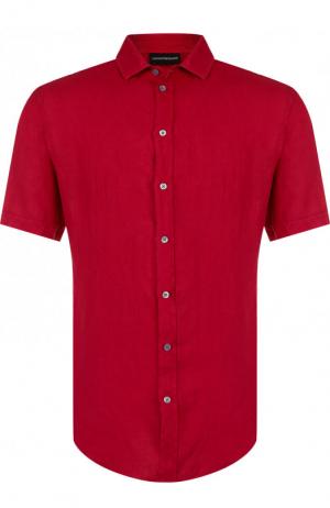 Льняная рубашка с короткими рукавами Emporio Armani. Цвет: фуксия