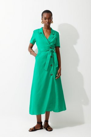 Льняное платье-рубашка миди с поясом , зеленый Karen Millen