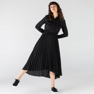 Платья и юбки Женское платье с длинным рукавом воротником-рубашкой Lacoste. Цвет: чёрный