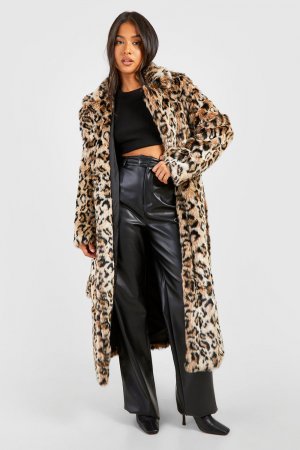 Пальто макси из искусственного меха Petite с поясом и леопардовым принтом boohoo, мультиколор Boohoo
