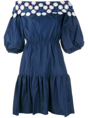 Джинсовое платье с открытыми плечами и вышивкой Peter Pilotto. Цвет: синий
