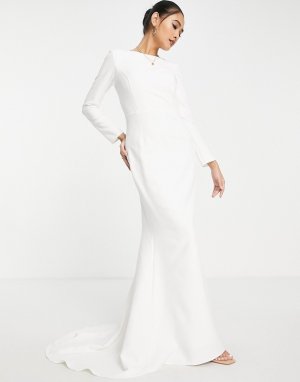 Свадебное платье макси цвета слоновой кости с длинными рукавами -Белый True Violet