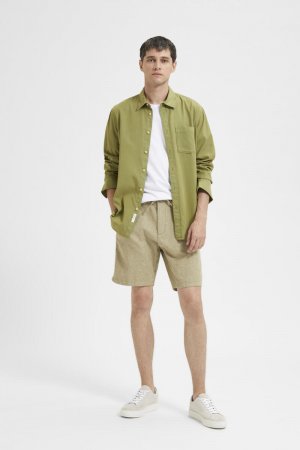 Короткие брюки-чиносы из льна и натурального хлопка. , зеленый Selected