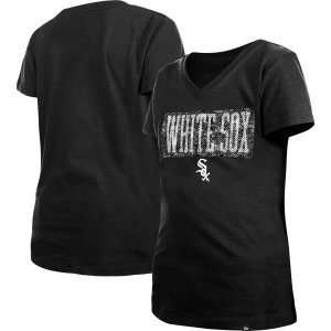 Молодежная футболка New Era Black Chicago White Sox с блестками и v-образным вырезом