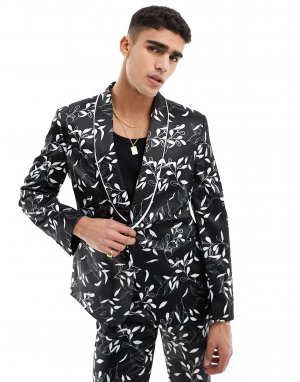 Узкий пиджак черного цвета с цветочным принтом и белой окантовкой ASOS