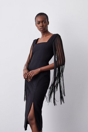 Компактное эластичное платье миди с рукавами кисточками и разрезом спереди , черный Karen Millen