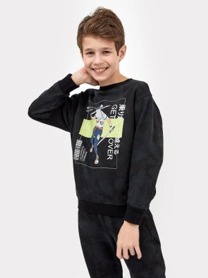 Джемпер черного цвета с азиатским принтом для мальчиков Mark Formelle. Цвет: потертости на черном +печать