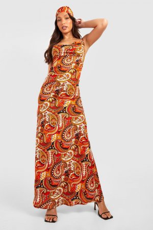 Высокое яркое платье макси с пейсли и подходящим платоком, ржавый Boohoo