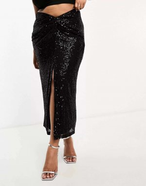 Эксклюзивная черная юбка миди с пайетками In The Style