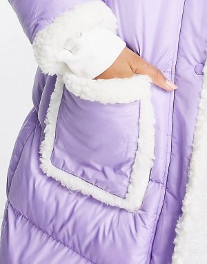 Пурпурное длинное пальто-пуховик контрастного цвета borg Miss Selfridge