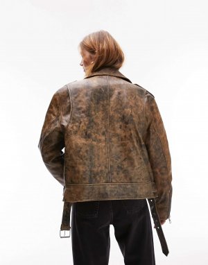 Коричневая укороченная байкерская куртка из натуральной кожи Topshop. Цвет: коричневый